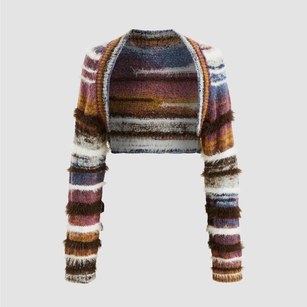 Cider Multicolor Striped Fuzzy Bolero Shrug - Brown, Cream, Blue, Pink